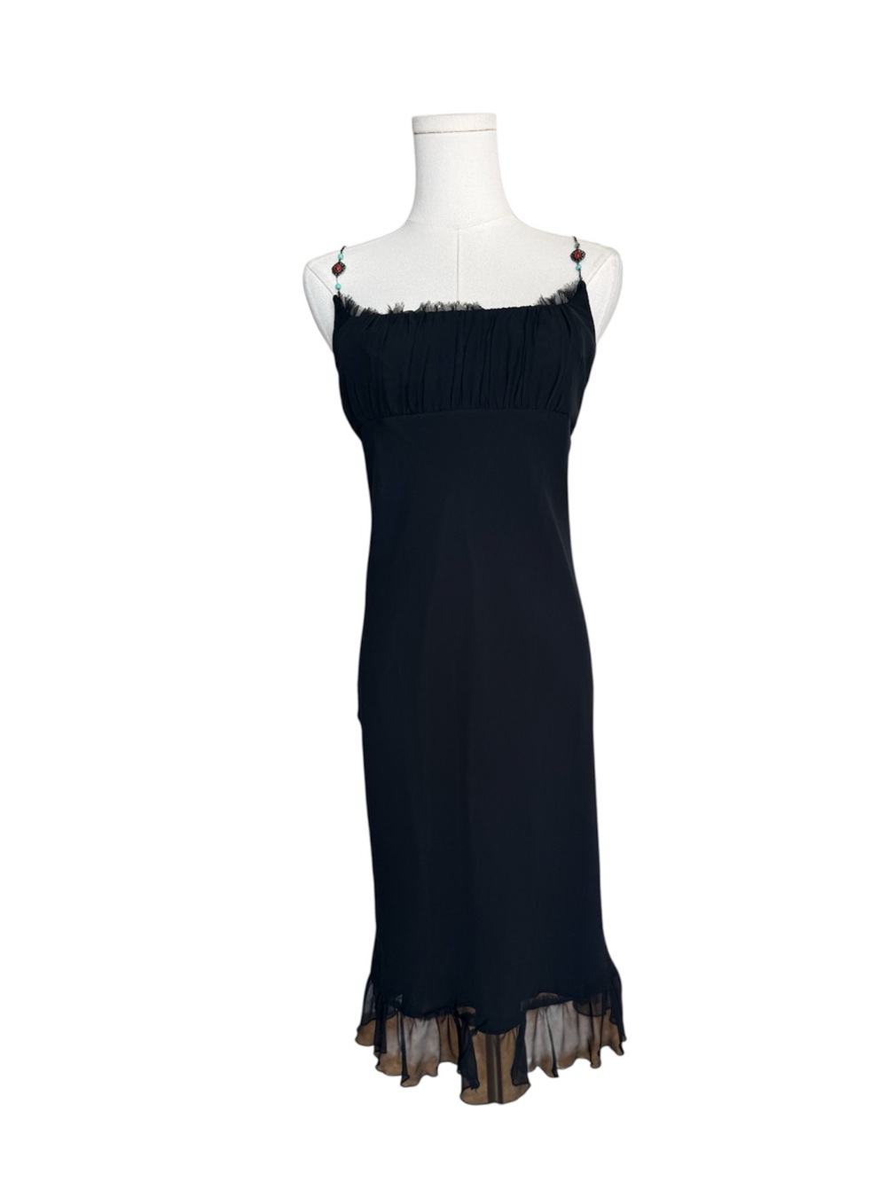 Vintage ABS Allen Schwartz Black Y2K Beaded Strap Slip Midi Dress Size 2